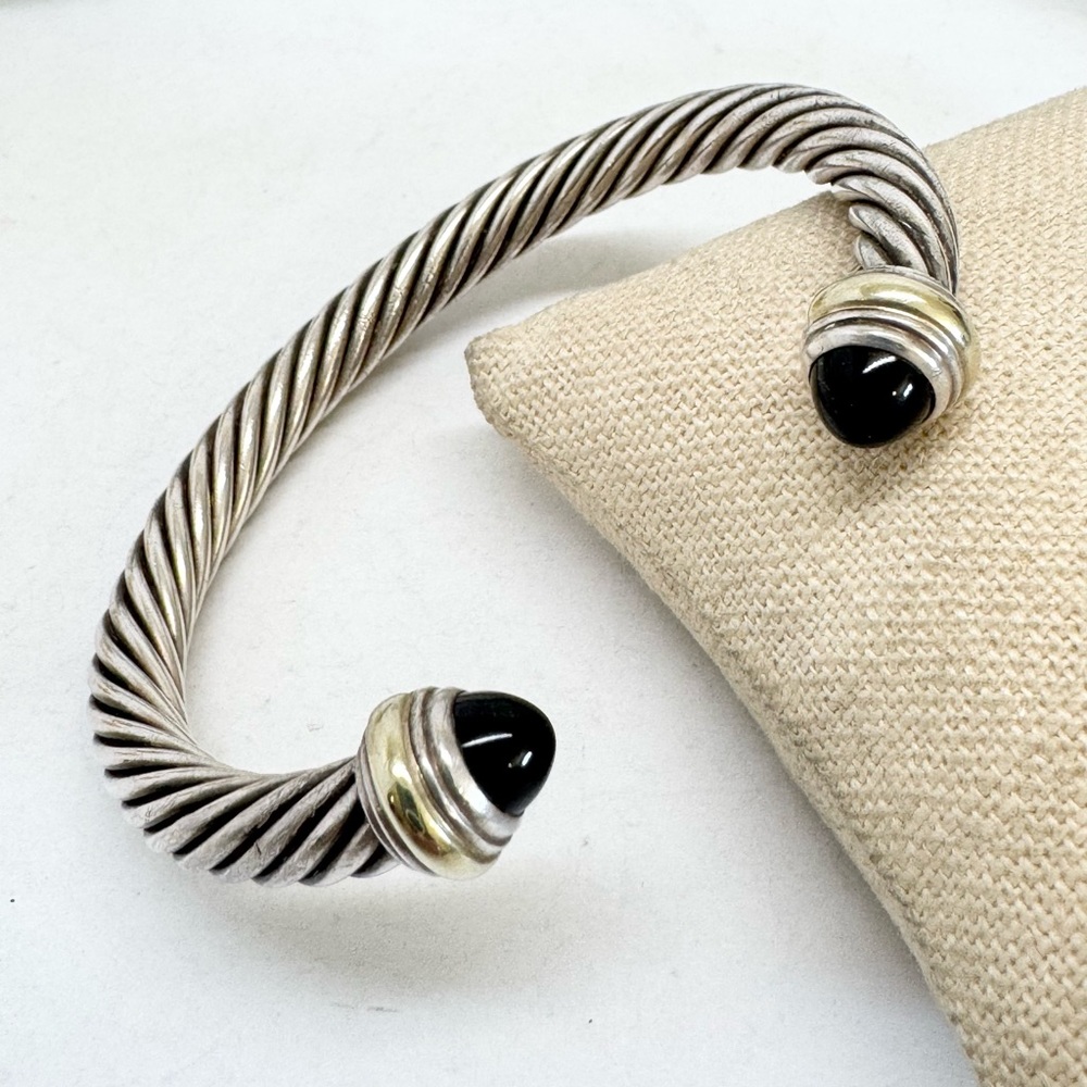 David Yurman 7mm Cable Classic Cuff Bracelet Black Onyx .925 14K